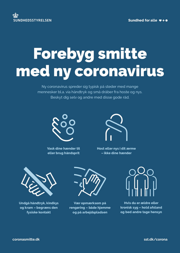 Sundhedsstyrelsens plakat Forebyg smitte mod ny coronavirus A4
